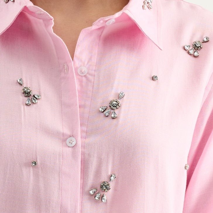 Crystal clusters on pink, on the Rose Shirt